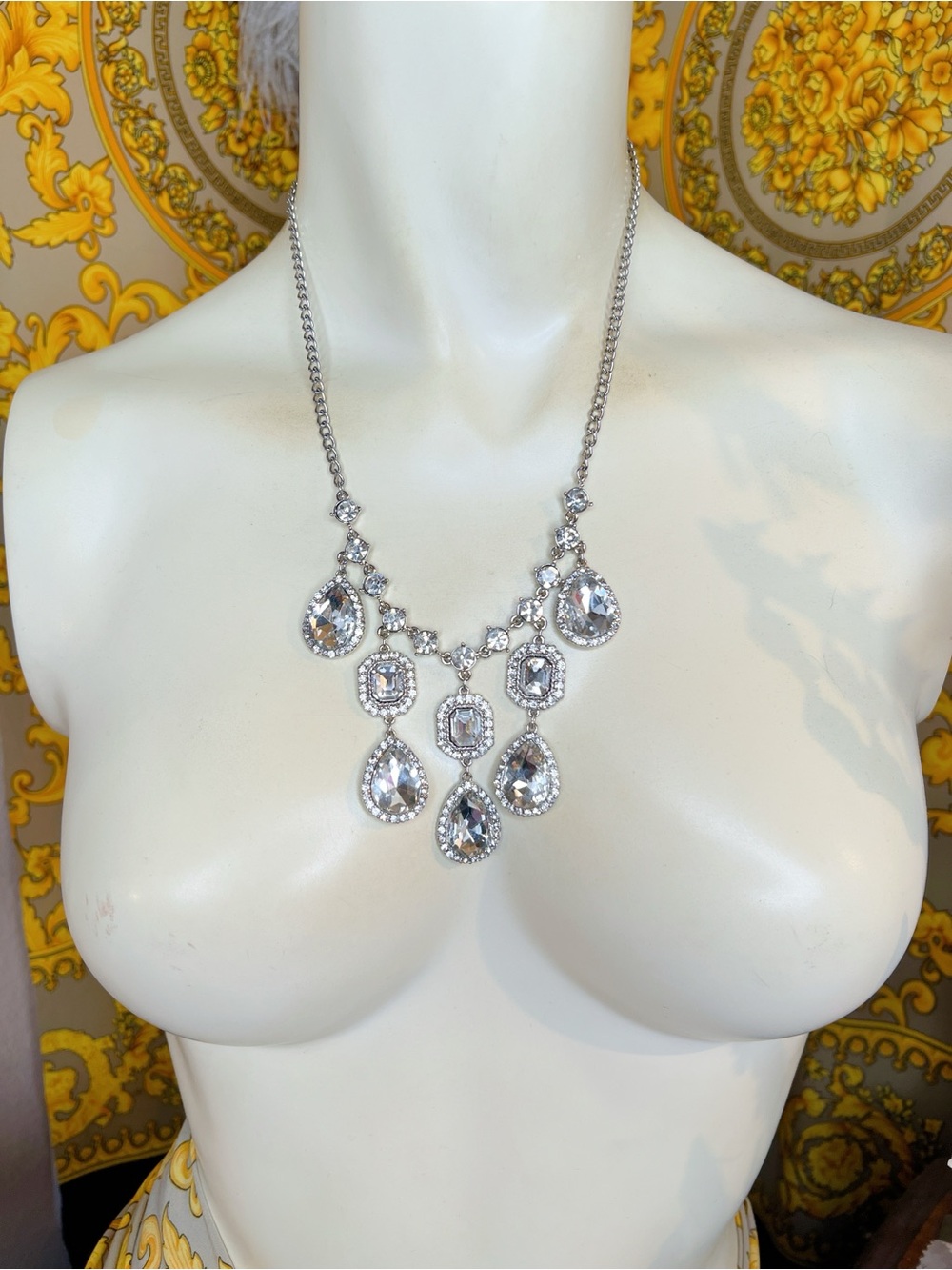 White gold plated Crystal halo emerald pear round cut 16” to 18” necklace